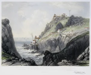 Die Ansicht der Botallack Mine, in der Gemeinde St. Just in Penwith, Cornwall, graviert von Thomas Picken, 1840